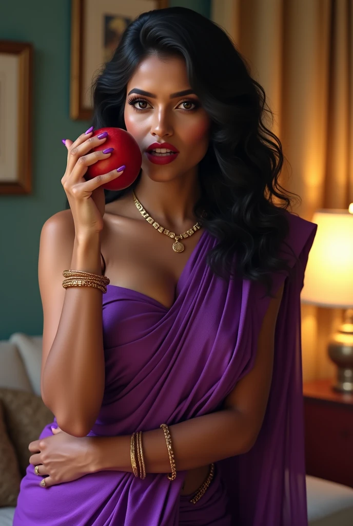 Indian woman((30year old)), eyeing eyes, brown eyes, (((wearing purple saree, seductive saree, nerdy glasses))), (((wearing necklace, bangles, thin waist chain))), (((showing midriff, cleavage ))), (((rearing's))), looking at viewer, biting lips, standing in the room, in the house, beautiful sexy body, curvy, red lips, eyeshadow, gold ornament, alluring body, ((good proportion)), seducing, realistic background, pose, black wavy hair, front focus, (((biting apple seductively )))