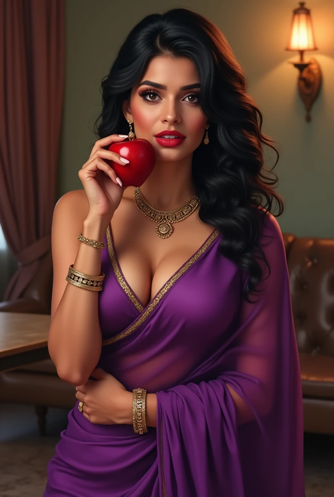 Indian woman((30year old)), eyeing eyes, brown eyes, (((wearing purple saree, seductive saree, nerdy glasses))), (((wearing necklace, bangles, thin waist chain))), (((showing midriff, cleavage ))), (((rearing's))), looking at viewer, biting lips, standing in the room, in the house, beautiful ???? body, curvy, red lips, eyeshadow, gold ornament, alluring body, ((good proportion)), seducing, realistic background, pose, black wavy hair, front focus, (((biting apple seductively )))