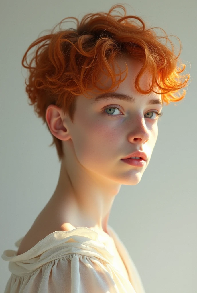 young man of . Her skin is soft and looks like porcelain. His face is angelic. his eyebrows aligned. thick lips. straight nose. big, gray eyes. Her hair is short and wavy, a deep orange color. wears linen and silk fabrics. He looks to the side, profile view.