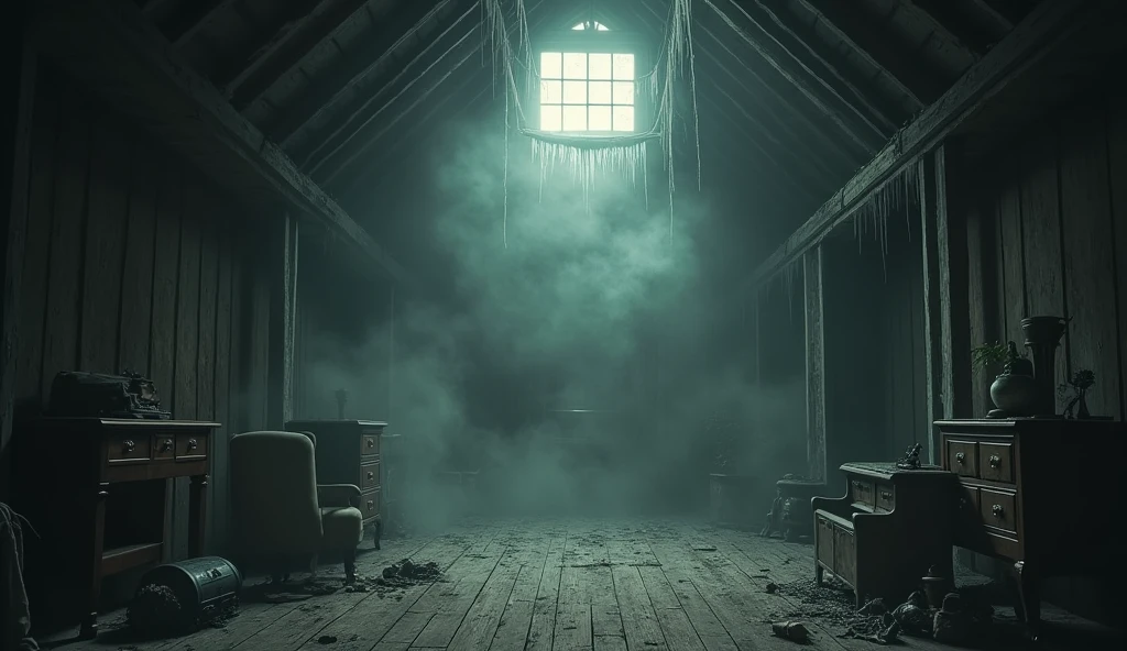 make an illustration of the attic of a haunted house , make it dark and spooky with fog and a dark color palette, make it with an ultra-realistic tone, rich in details