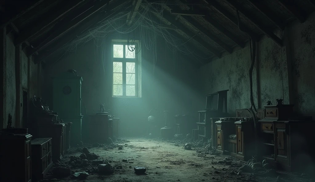 make an illustration of the attic of a haunted house , make it dark and spooky with fog and a dark color palette, make it with an ultra-realistic tone, rich in details