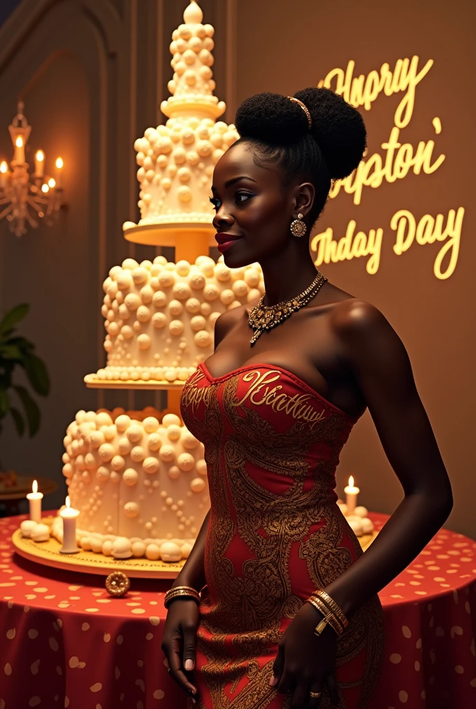 Une femme africaine habillé en mode africaine écrit au dessus de son vêtement "joyeux anniversaire perpétue Ayinabou"joyeux dans lieu luxueuse d'anniversaire avec un gâteau de trois étages écrit derrière lui sur la mur joyeux anniversaire perpétue Ayinabou la reine du 28 Août.