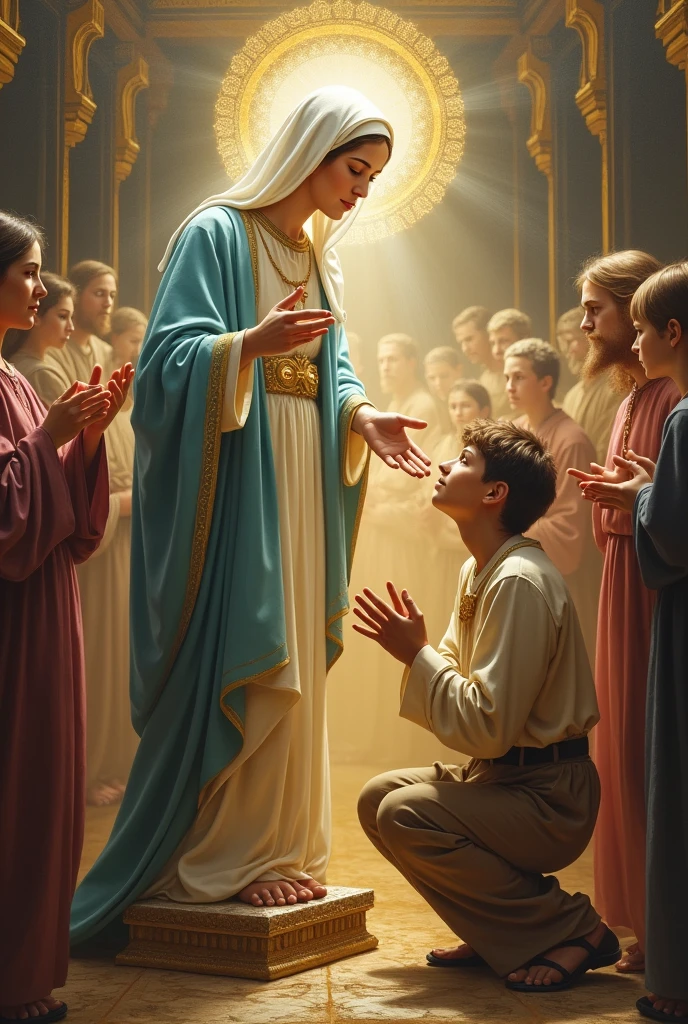 Create an image where the promise of  the virgin of  fatima was kept by a young male sinner and she  is saving his soul at heavenly court giving him and she promised that she would assist at the hour of death, with the graces necessary for his salvation

