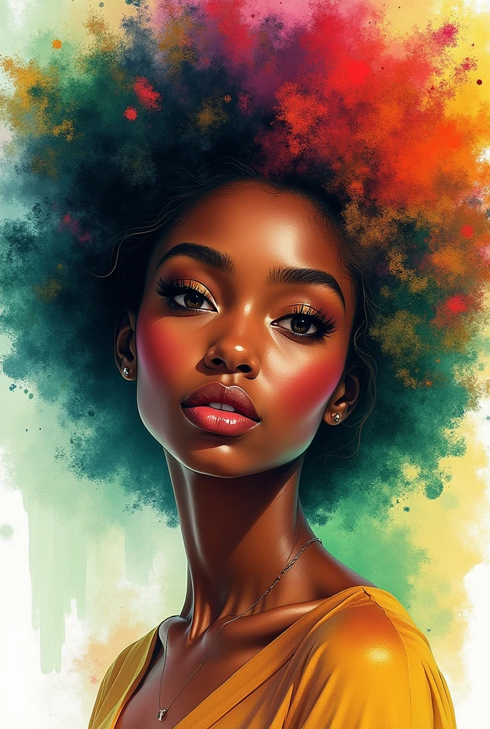 Beautiful black woman very colourful painting a bit abstract using black green and gold, colourful abstract hair watercolor painting