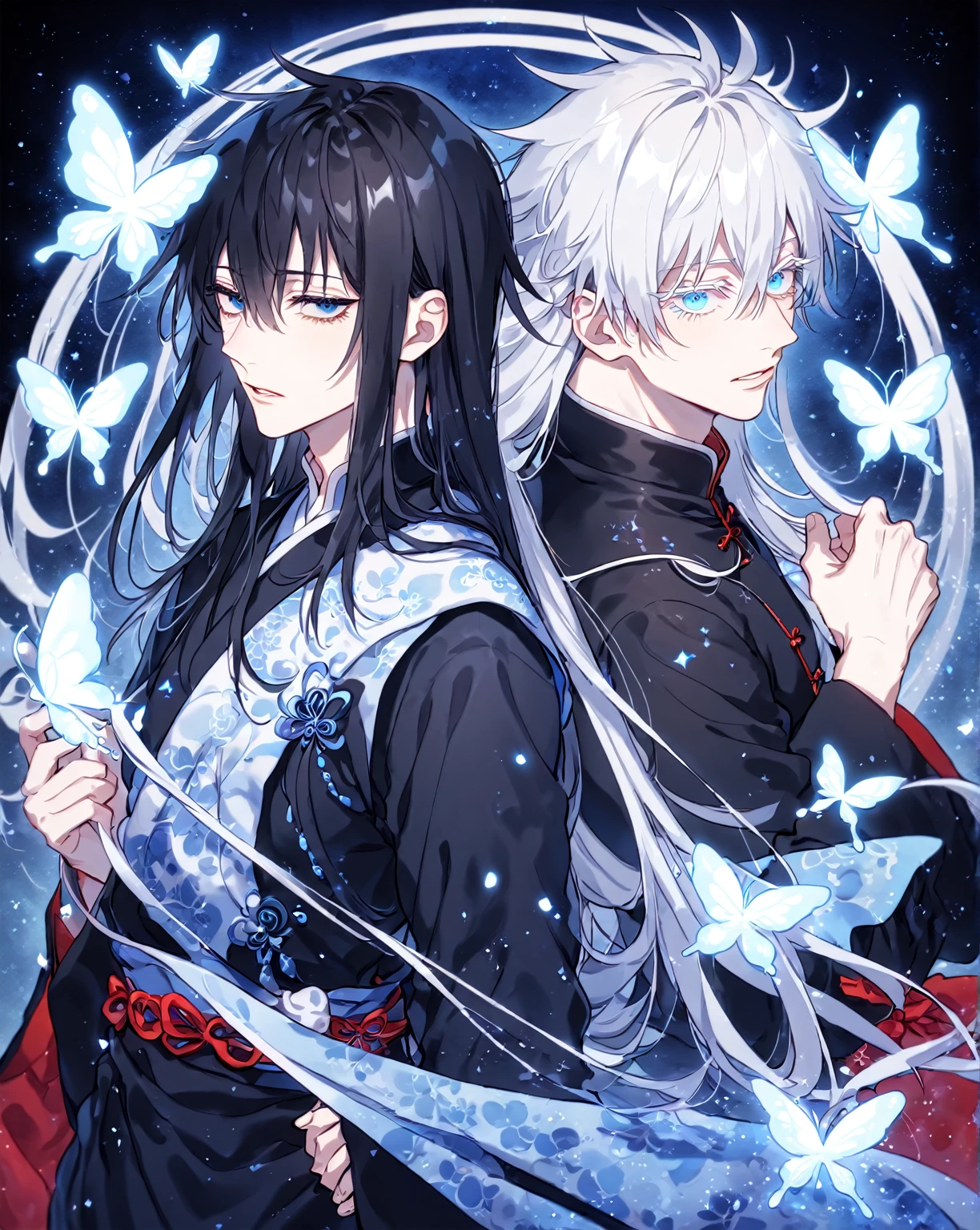 Ultra detailed, Highres, absurdres, HDR, master piece, Gojou Satoru, white hair with bangs, long hair, expressive blue eyes, white eyelashes, black Chinese clothes, Fushiguro Megumi, long hair, black hair, expressive blue eyes, Jujutsu Kaisen, two sexy men together, gay couple, yaoi, handsome, glittering, blue butterflies, blue starry sky, magical, fantasy, manly men, black Chinese clothes, accessories