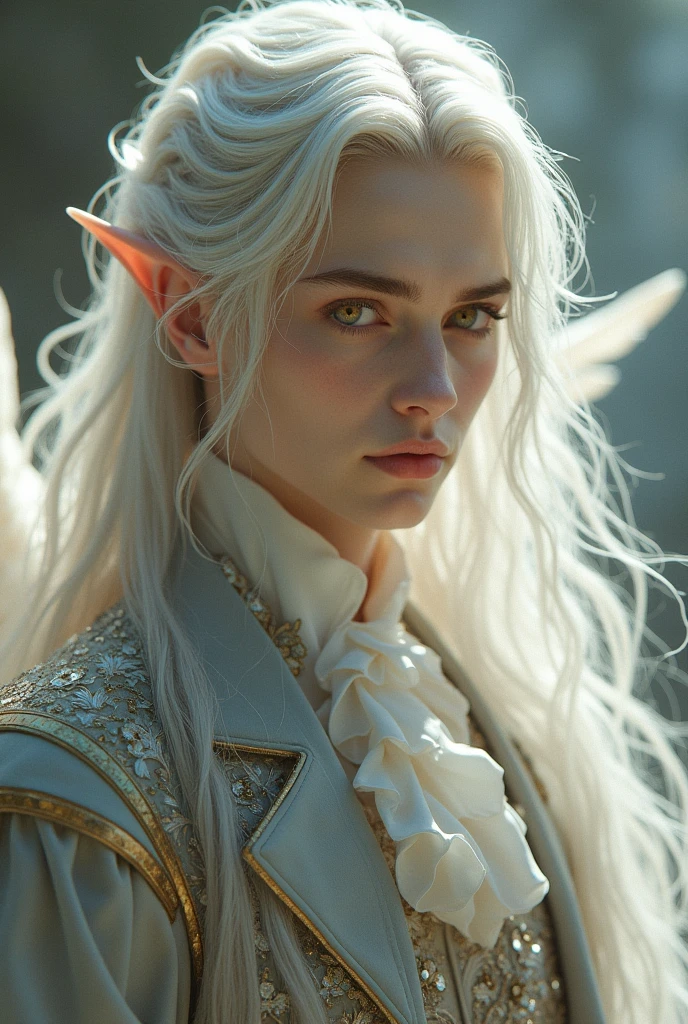 Sesshomaru Taisho a handsome king with the appearance of an angelic elf , with golden eyes and silver hair, dressed in a Victorian way