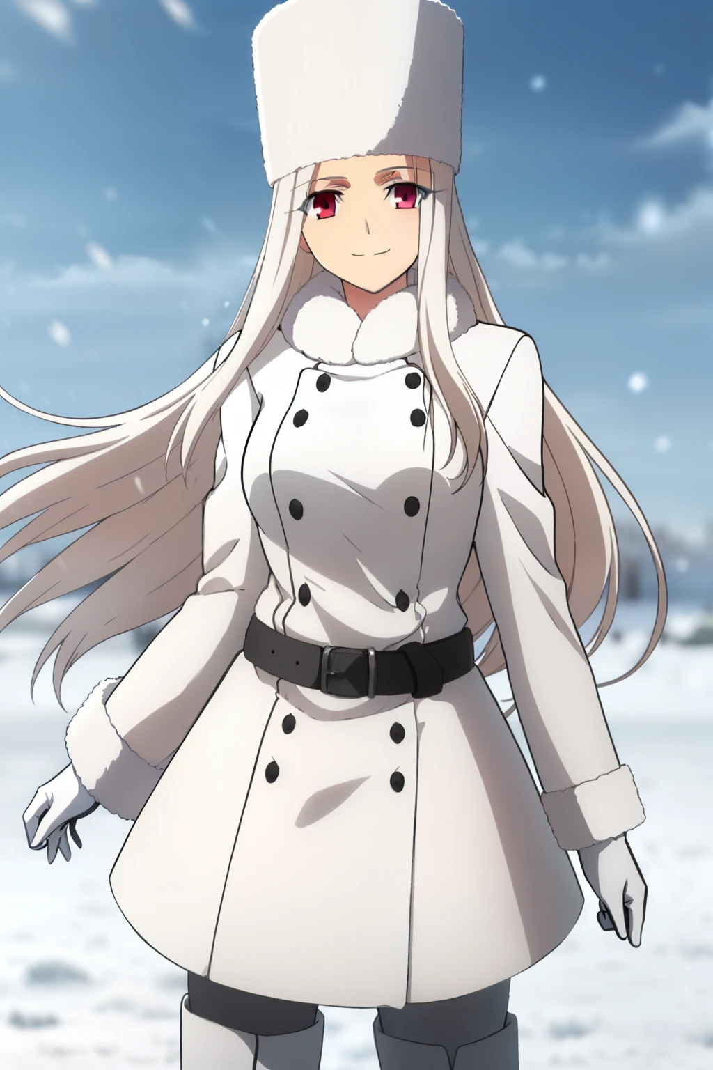 Irisviel Von Einzbern, (large breasts), oversized breasts, long hair, (platinum-blonde hair), white fur coat, (belt), white gloves, (black leggings), (knee-high boots), white fur hat, solo, facing the viewer, looking at the viewer, smile, closed mouth, (sunny weather), (snow)