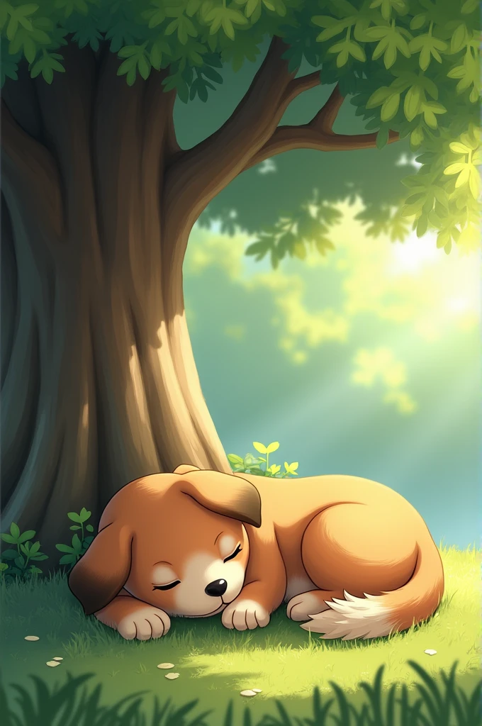 Dog sleeping next to a tree