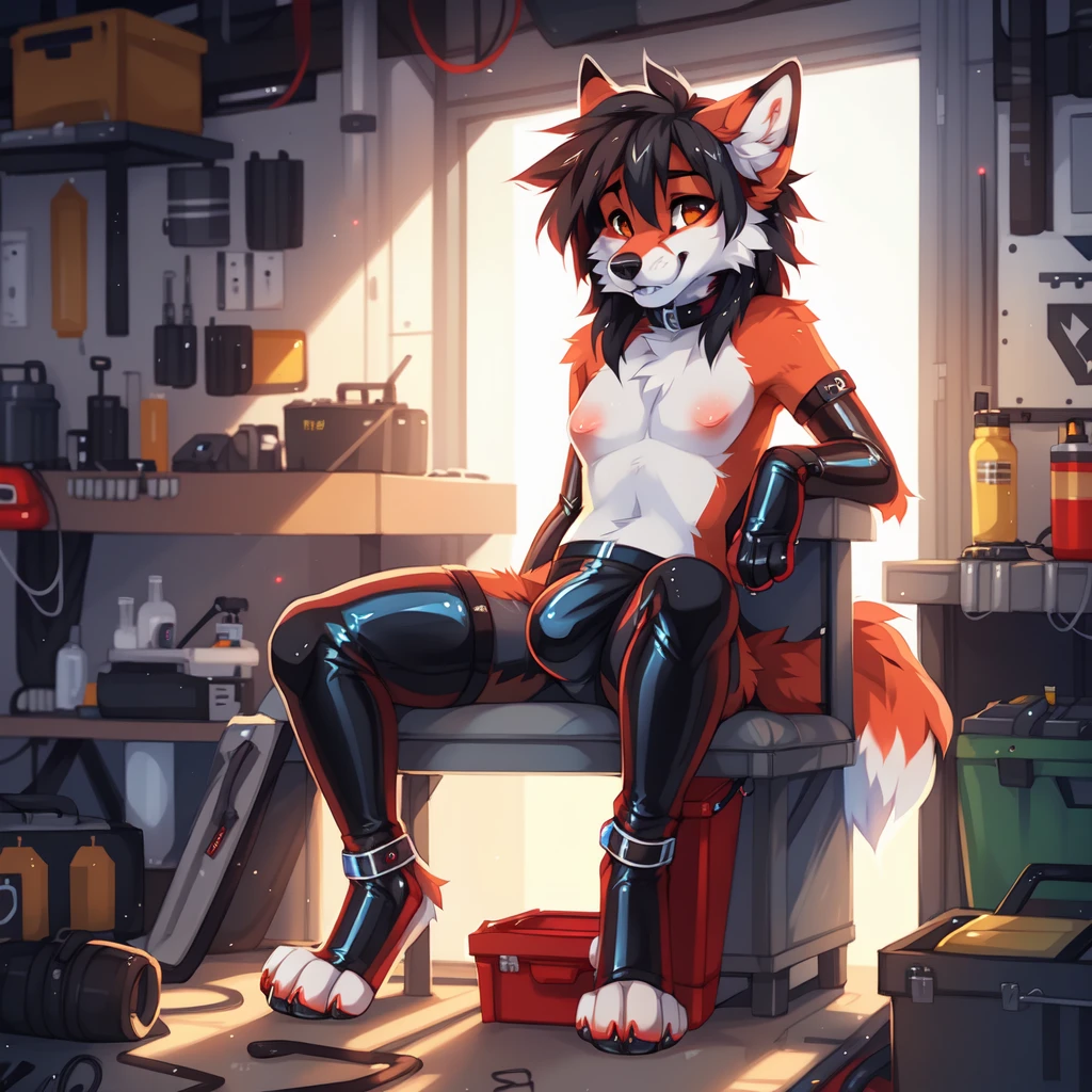 solo,garage,Auto repair,toolbox,femboy fox,fox girl,big nipples,,Technophilia latex bulge,stirrup legwear, ((by keihound, by reysi)), by Zackary911, by hyattlen, by fumiko, by fluff-kevlar, Furry, Anthro,