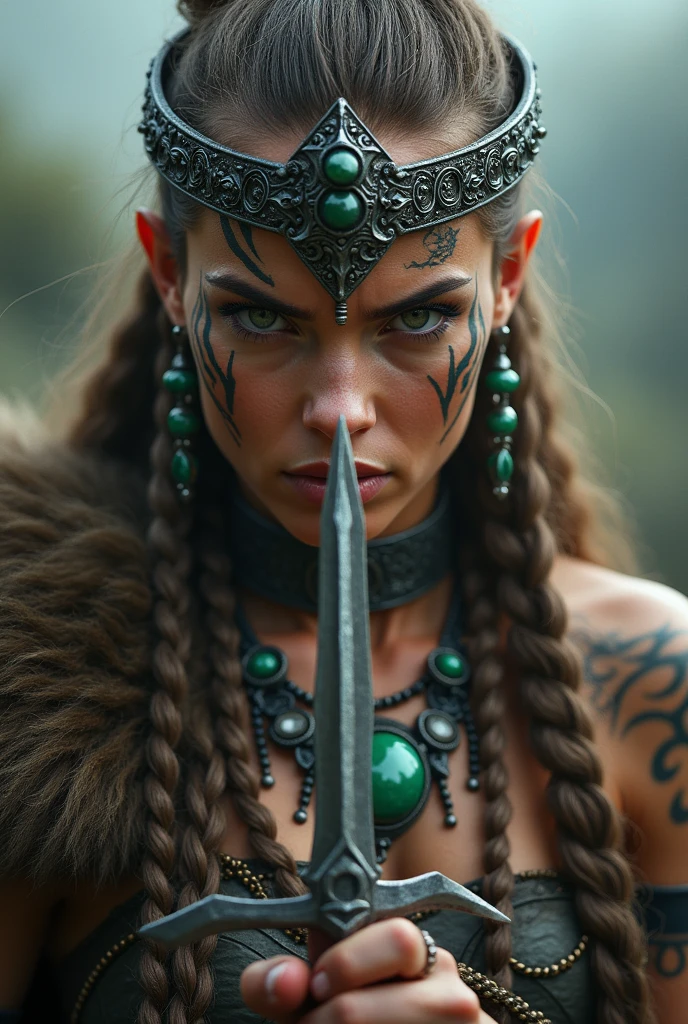 Viking warrior close-up, small sword in hand, Woman, sword next to the face, large head ornament , green stone necklace on neck, tattoo in face, yelling