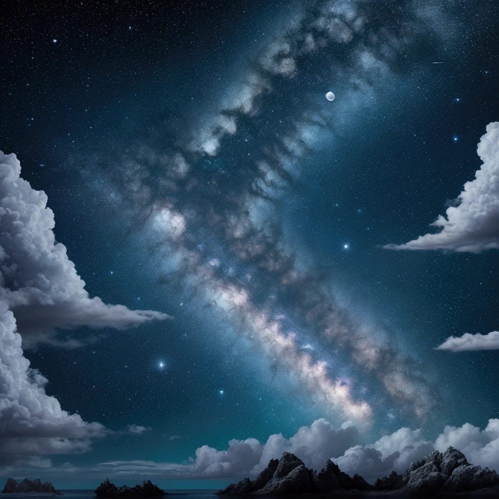 Musical album cover, futuristic.
containing the moon, galaxy and ocean with many colors without people