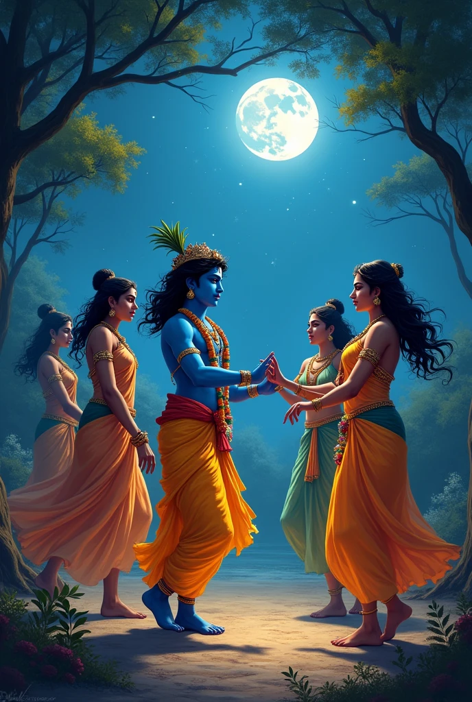 Raslila in night scene, with lord krishna, gopiyan dancing ras