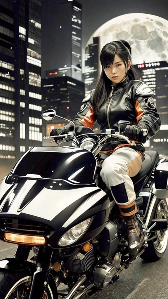 best quality, masterpiece, photo, 4K, photorealistic, Very detailed,
1 girl riding a motorcycle, Technical clothing, Cyberpunk City, Solitary, Futuristic, Huge moon in the background, black and white, author：Akira Toriyama, close up,
