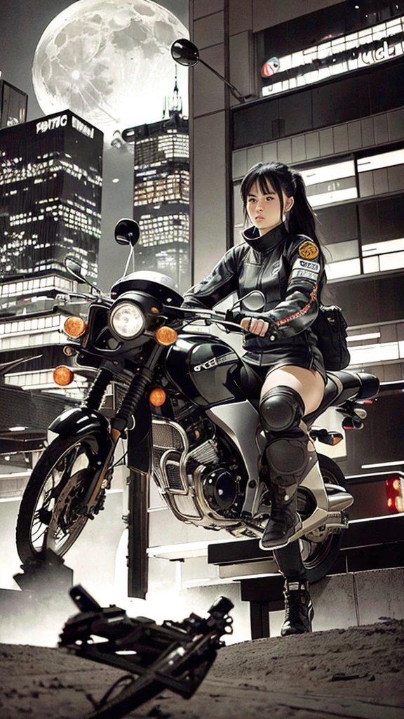 best quality, masterpiece, photo, 4K, photorealistic, Very detailed,
1 girl riding a motorcycle, Technical clothing, Cyberpunk City, Solitary, Futuristic, Huge moon in the background, black and white, author:Akira Toriyama, close up,