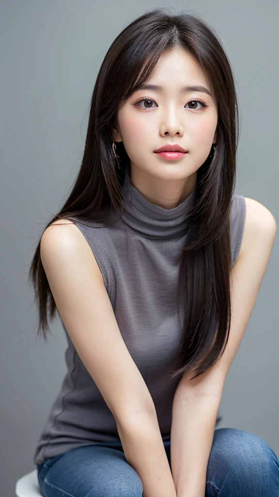 Beautiful profile,vivid,Normal chest,((between legs)),cute,(Detailed face),Sleeveless and(turtleneck)white silky clothes,Ultra-high resolution,(Photorealistic:1.7),Gray background,Black long hair,