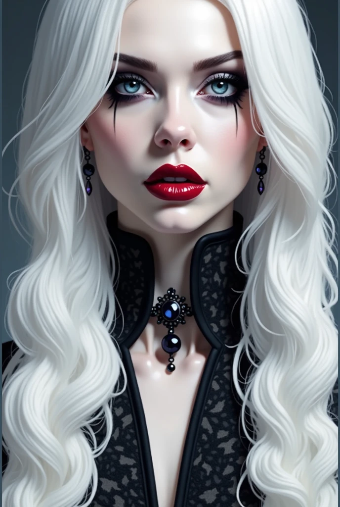  Woman with white hair and red makeup, beautiful vampire female queen, portrait of beautiful vampire, beautiful scary female vampire, dark goth queen with blue eyes, portrait of a lady vampire, beautiful vampire queen, beautiful female vampire, vampire portrait, androgynous vampire, gothic girl face, female vampire, vampire girl, wearing goth makeup gothic face
