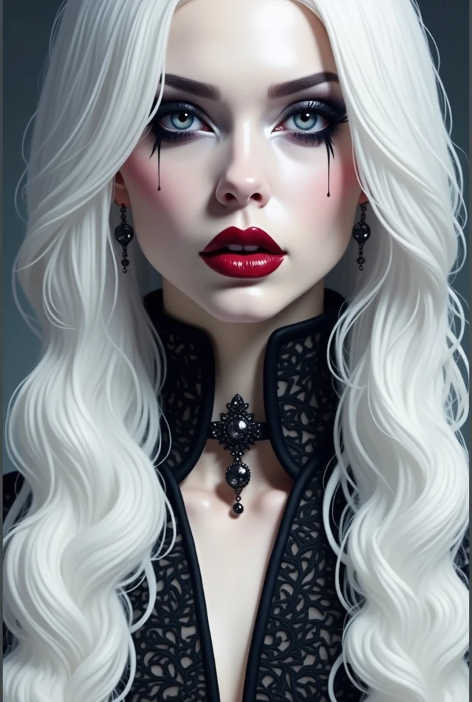  Woman with white hair and red makeup, beautiful vampire female queen, portrait of beautiful vampire, beautiful scary female vampire, dark goth queen with blue eyes, portrait of a lady vampire, beautiful vampire queen, beautiful female vampire, vampire portrait, androgynous vampire, gothic girl face, female vampire, vampire girl, wearing goth makeup gothic face
