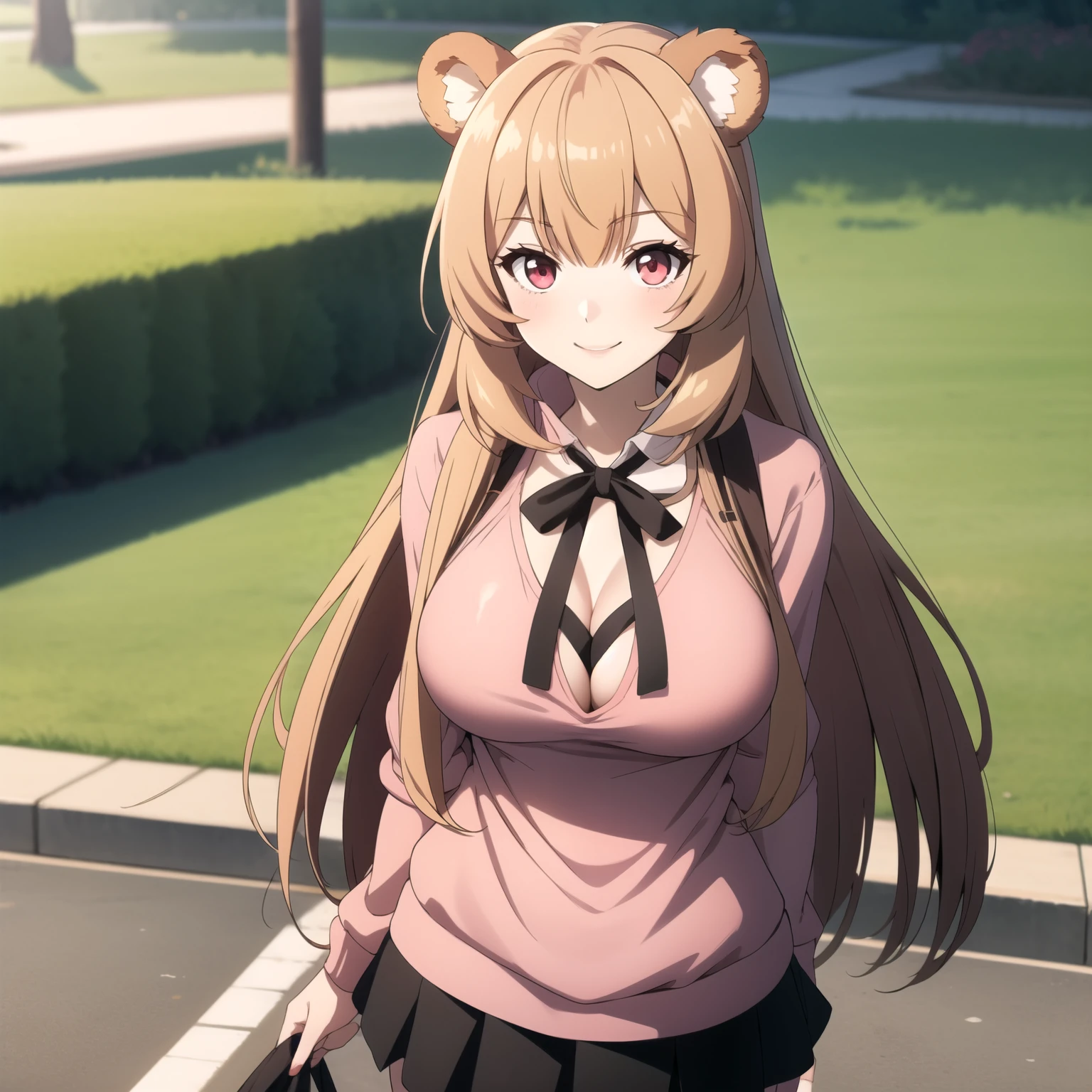 Raphtalia woman19 años straight floating golden blonde hair , rounded bear ears, red eyes like ruby, shy smile, big breasts, pink low cut sweatshirt, neckline, black miniskirt. background a park.