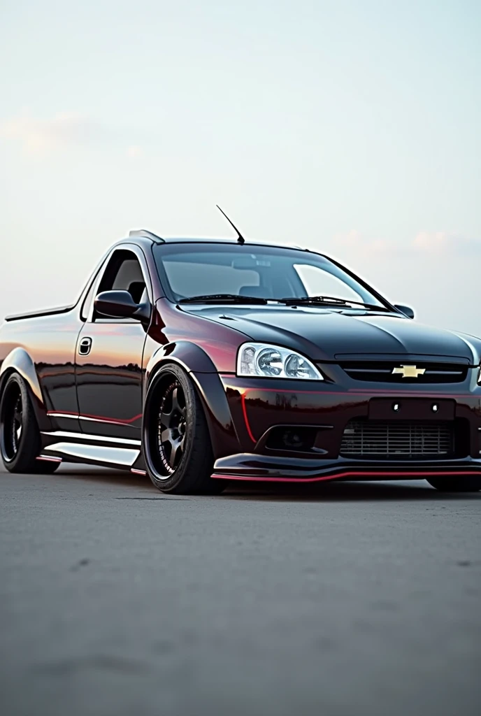 Chevrolet corsa year 2007 1.8 pick up with widebody offset racing wheels seen from the side
