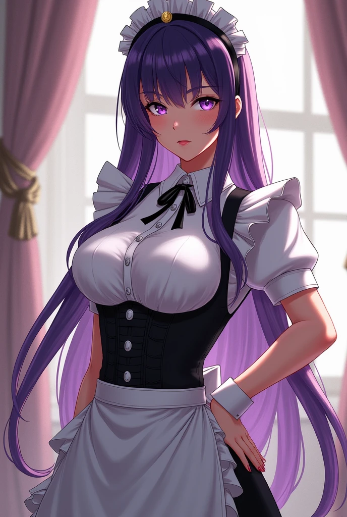 (Anime Koji Model),(Woman alone),((Solo portrait of a woman)),(Woman1),(slim body),(curvy),(slender body),(the slim waist),(the full hips),(long purple hair and purple eyes),((dark skin color:1.5)),(height 1.79),(young),(beautiful beauty),(voluptuous body),(Wearing),+,(\a classic maid uniform that combines the contrast between black and white. The uniform must consist of: A white blouse with high collars and short sleeves, made from a soft, shiny silk. A black apron adjustable around the waist, with a white belt and a button in the center. A white apron that covers the bottom of the blouse, with a black sash around the waist. A pair of black low-heeled shoes with a white sole. A white hat with a black ribbon around the crown. A black belt with a white button in the center.)/