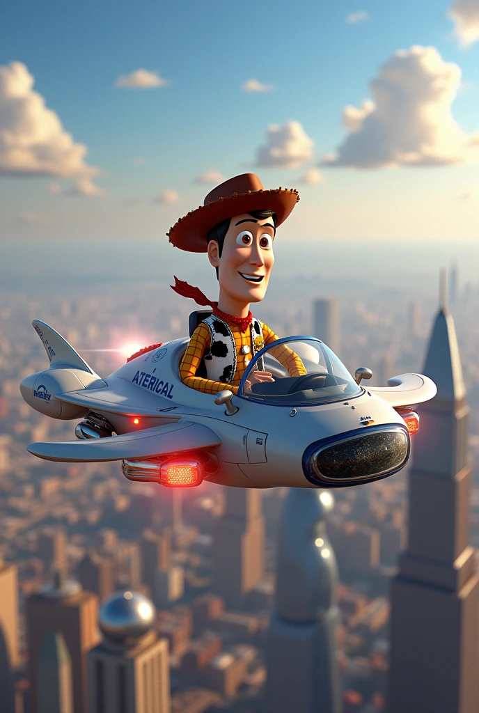 woody from toy story in a flying car