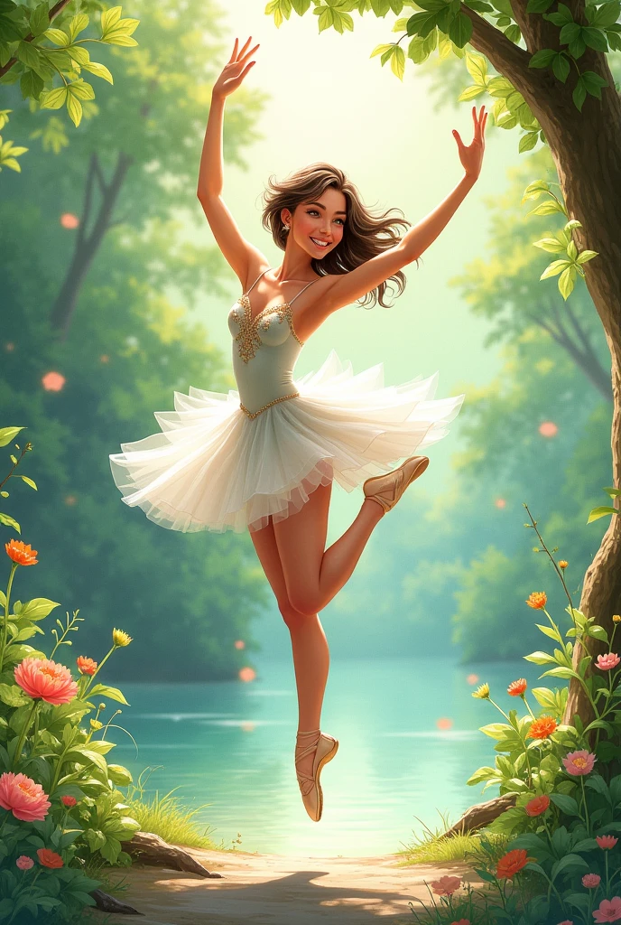 ballet dancer jumping outdoors, with nature, smiling and colorful watercolor art