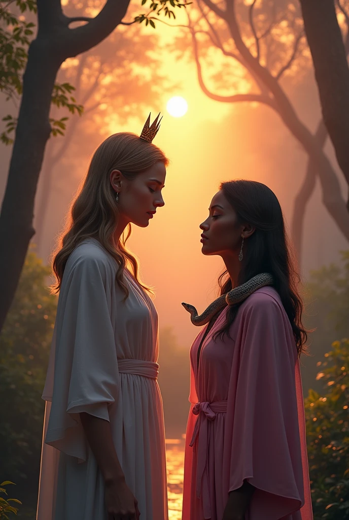 a transgender woman, white-skinned, short-hair, light and light clothing, brooding, de olhos fechados, near a river source, being welcomed by a beautiful black-skinned woman, long  hair, with a humble crown, pink flowing clothes, Pure appearance, innocent, in the middle of the virgin forest, at dusk, with reddish and yellow sky,under a fog, with a beautiful and carefree snake on his shoulders, with the environment adorned by a discreet rainbow 