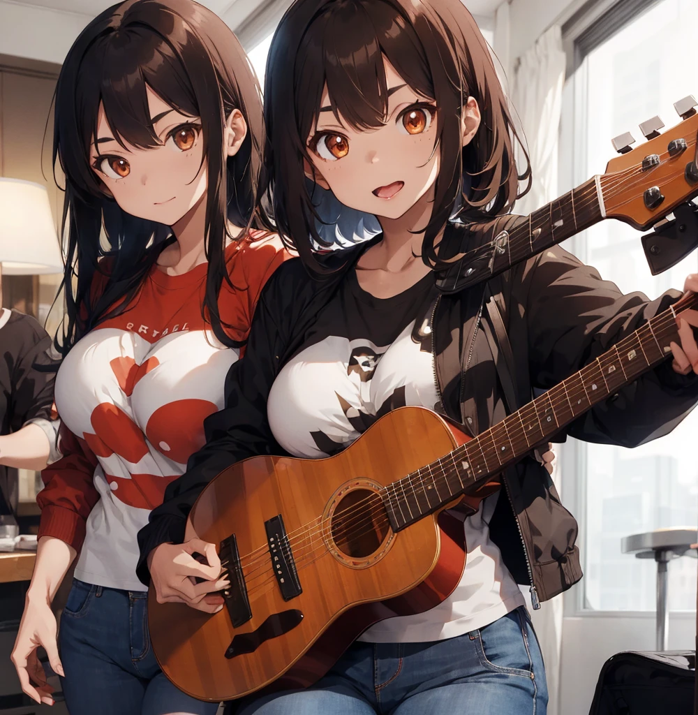 2 female, brown long messy anime hair, huge breast, thick legs, brown eyes, thick eyebrows, black jacket, red t-shirt, jeans, hotel room, touching, licking, guitar