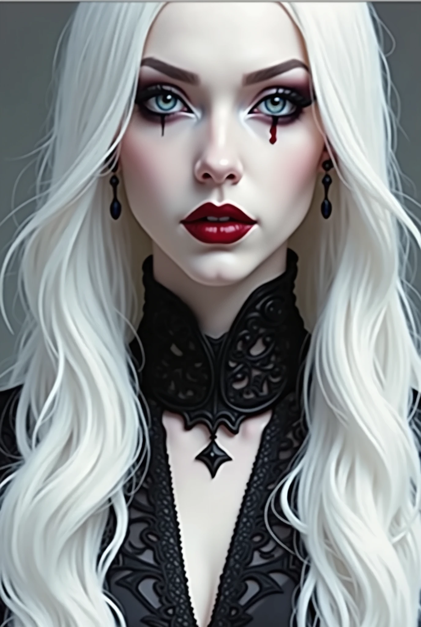 Woman with white hair and red makeup, beautiful vampire female queen, portrait of beautiful vampire, beautiful scary female vampire, dark goth queen with blue eyes, portrait of a lady vampire, beautiful vampire queen, beautiful female vampire, vampire portrait, androgynous vampire, gothic girl face, female vampire, vampire girl, wearing goth makeup gothic face