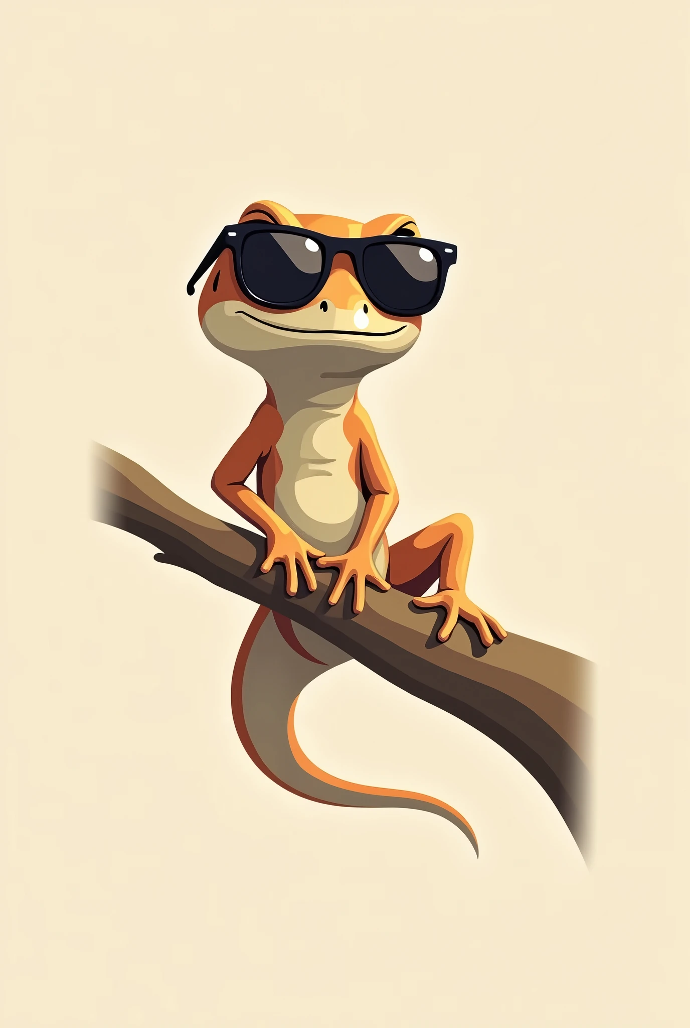 a lizard sunbathing leaning on a tree branch with sunglasses, designed logo style