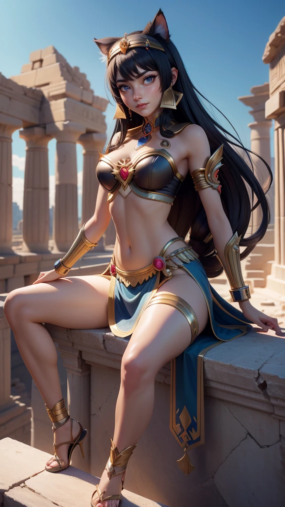 a woman in a skimpy underwear sitting on a ledge with a cat ears, showing lots of skin anime goddess, android girl in egyptian ruins, ((a beautiful fantasy empress)), beautiful goddess, egyptian princess, a beautiful fantasy empress, extremely detailed artgerm, beautiful cleopatra, trending on artstation pixiv, beautiful alluring anime woman, beautiful anime catgirl, clean detailed anime art