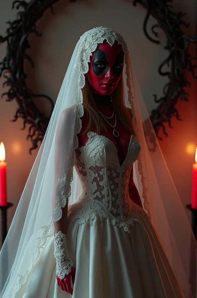Lady deadpool dressed as a wedding dress, candle and wreath