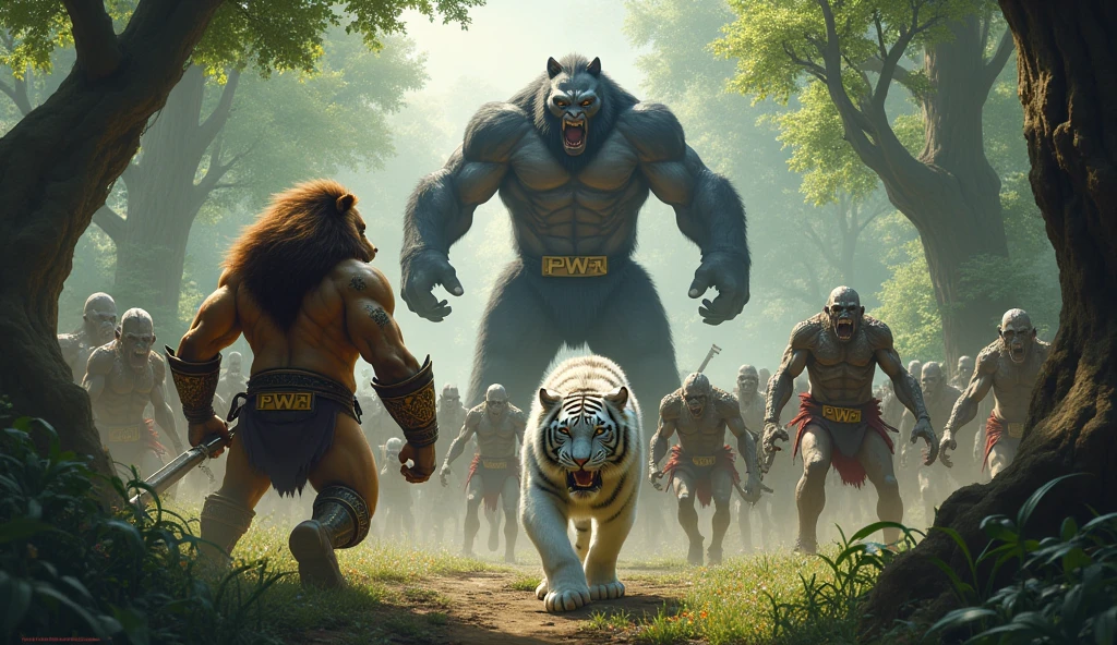 A humanoid warrior lion wearing a belt with the acronym PWW, a humanoid white tiger warrior and a humanoid gorilla with a tattoo of the acronym PWW, fighting zombies in the forest