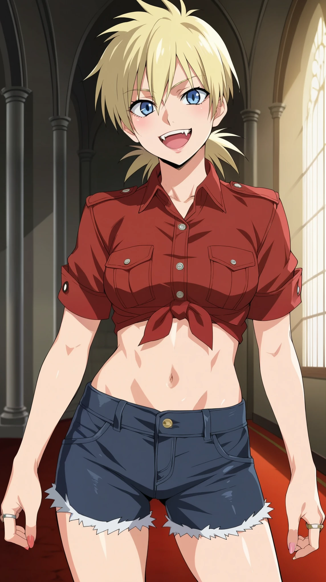 score_9, score_8_up, score_7_up, source_anime, BREAK by ikuchan kaoru, iku, clean color, flat color, 1girl, anime screencap, screencap, seras, hellsing, blonde hair, blue eyes, shorts, knotted shirt, crop top, navel, standing, indoors, fancy castle, mansion, brick home, happy, smile, blood, fangs, vampire, open shorts, no panties, vagina, clit ring