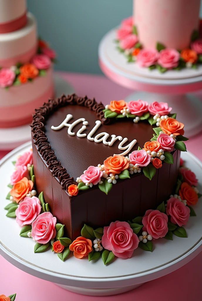 Heart shaped chocolate cake something very elaborate with sugar flowers, bright colors and with the name of "Hillary"