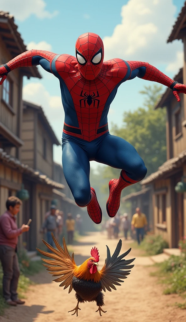 Create an extremely realistic and humorous scene featuring Spiderman in a rural village setting. Spiderman is shown mid-fall, just after attempting to catch a rooster that has escaped his grasp. The rooster is seen running away, flapping its wings in panic. The village surroundings are rustic, with wooden houses, dirt roads, and a few villagers in the background laughing at the situation. Spiderman's expression is a mix of surprise and frustration, while the scene captures the chaotic and funny moment perfectly. highly detailed, no blurring, perfectfingers.