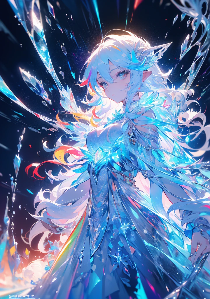Ice Queen, Tight face, Small Mouth, Fuller lips, Serious expression, Long Hair, 紫色のhighlightが入った白い髪, White eyes, White eyelashes, White eyebrows, Moving Hair, Round Breasts, Big Ass, Thick thighs, Whole body, (((the Ice Queen sits spread-eagled, Around stalagmites like icicles))), {Highly detailed 16K CG unit wallpaper}, Vast landscape photography, (A bottom-up view that focuses on characters and settings), (Wide open view), (Low angle shot), (highlight: 1.2), (Low Light: 1.6), (Warm light source: 1.2), Intricate details, (Rainbow colors: 1.5), (Bright lighting), (Atmospheric lighting), dream-like, Individuality,