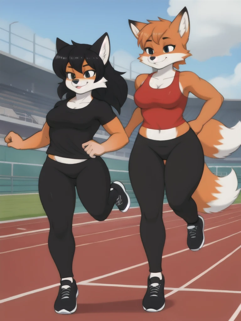 Furry, fox, female, black shirt, black leggings, shoes, running track, friends, full body