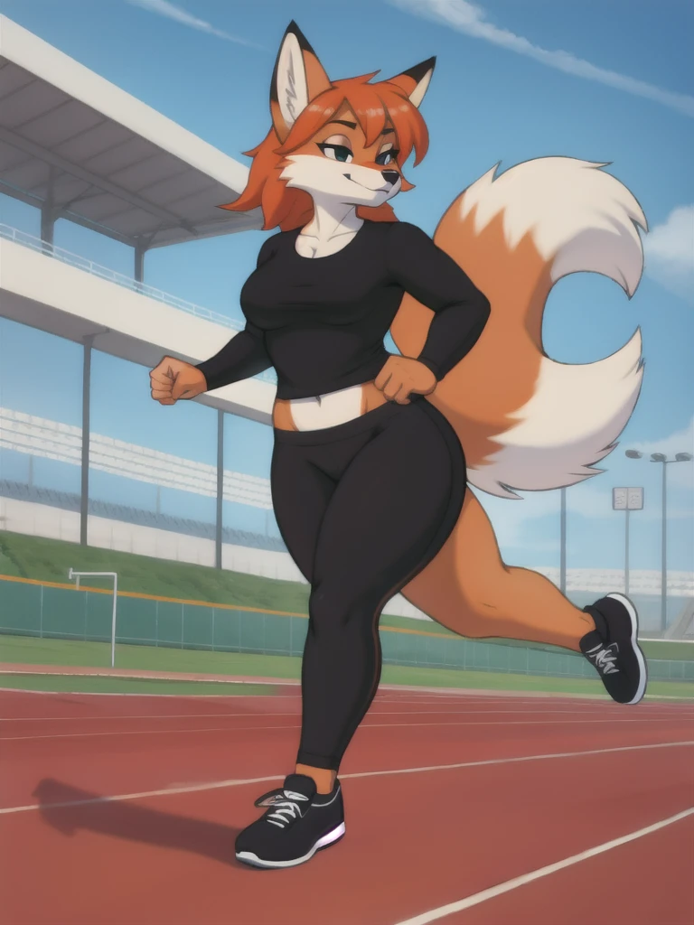 Furry, fox, female, black shirt, black leggings, shoes, running track, friends, full body