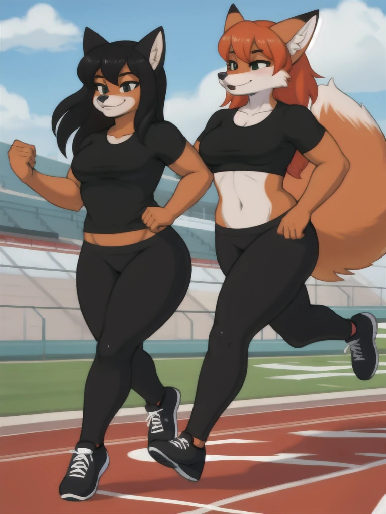 Furry, fox, female, black shirt, black leggings, shoes, running track, friends, full body