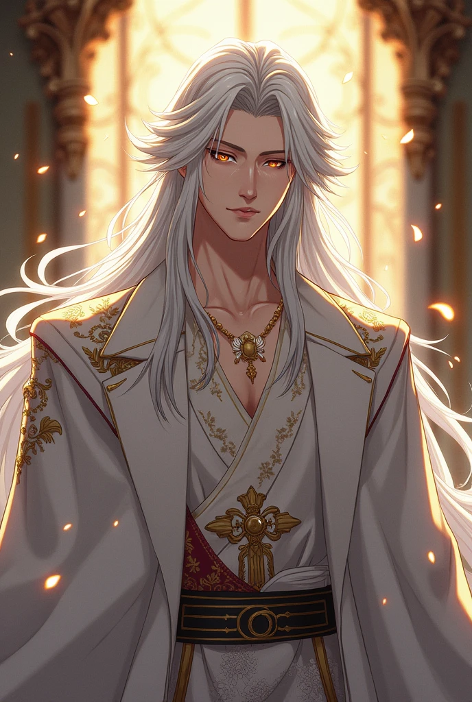 Sesshomaru Taisho a handsome king with the appearance of an angelic being , with golden eyes and silver hair, dressed in a Victorian way