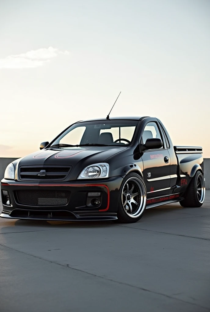 Chevrolet corsa year 2007 1.8 pick up with widebody offset racing wheels seen from the side