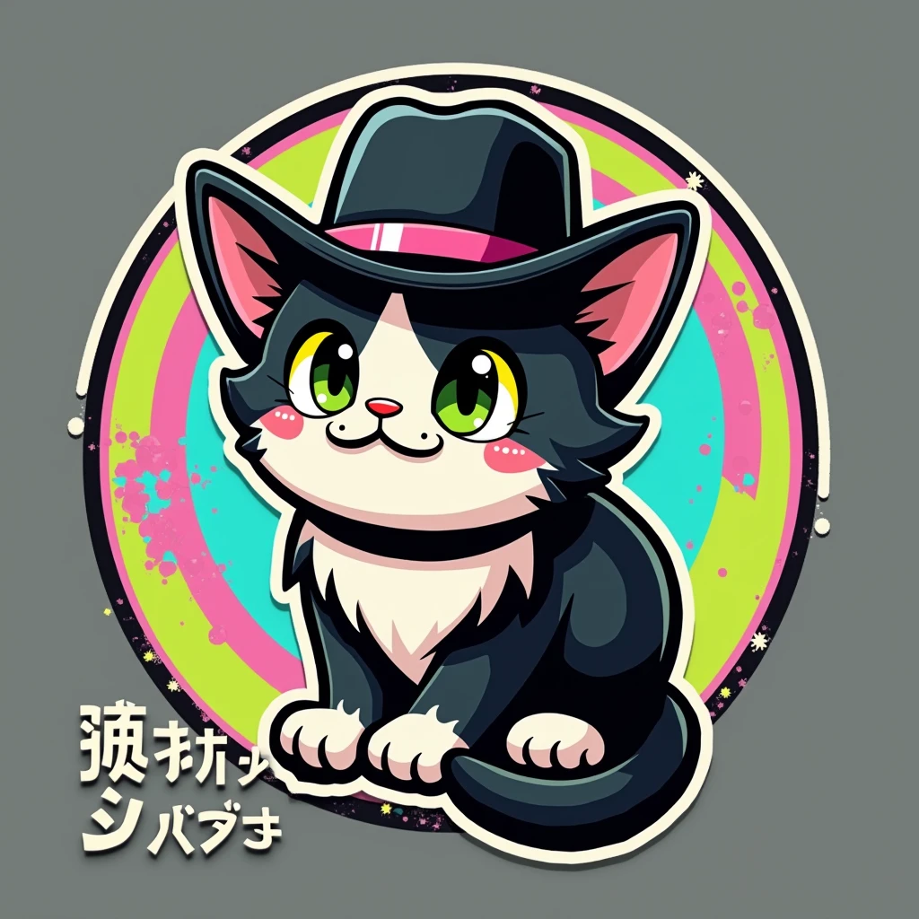 a cartoon style logo of a black cat wearing a black cowboy hat, all within a circle with the lime green colors, pastel pink and sky blue with the word Mexapon in Japanese typography at the bottom
