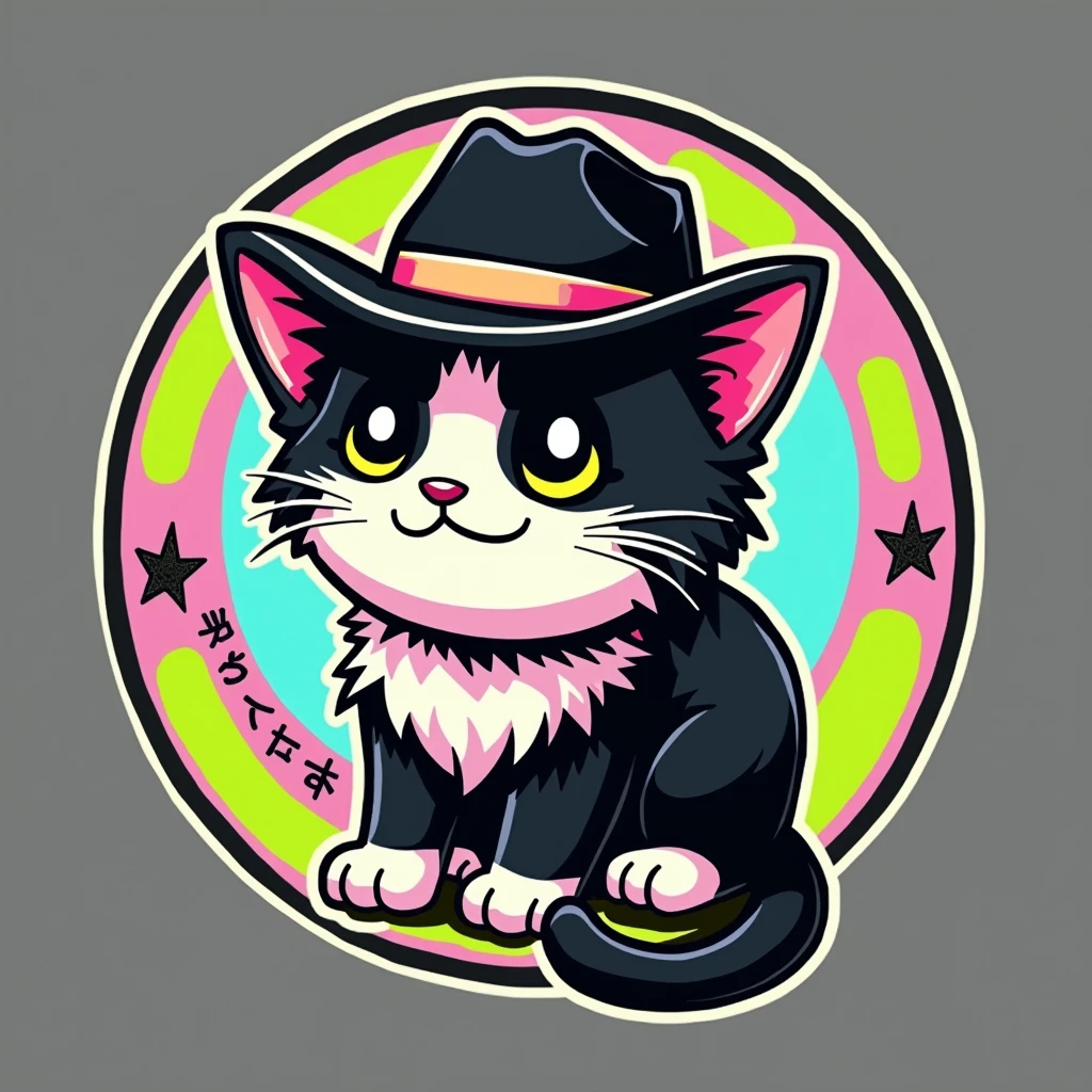 a cartoon style logo of a black cat wearing a black cowboy hat, all within a circle with the lime green colors, pastel pink and sky blue with the word Mexapon in Japanese typography at the bottom