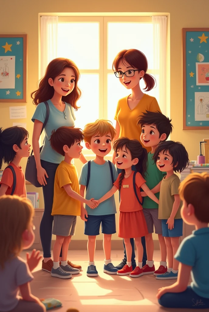 It shows children and teachers united as a family at school