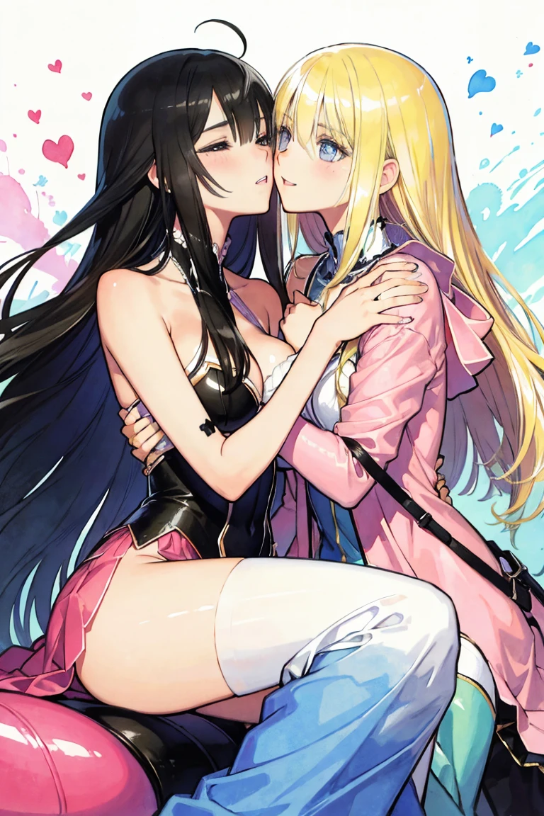 shy, kiss, kissing, lovers, couple, man and woman, love, mature, a cat woman, she has freckles, she has dark brown eyes and an upturned nose, she is happy and smiling, she has long wavy hair, black hair, she is wearing aviator sunglasses with clear lenses in a soft watercolor style. The girl's clothes must be pink, purple, and blue in celebration of the bisexual, with stains of ink and watercolor mixing and filling the scene. he has blonde hair, he is handsome, he is slim. There should be a subtle, nuanced change in colors using the impasto technique with gouache paint. There should be a light rain in the watercolor painting with a little watercolor paper texture and a pastel background.