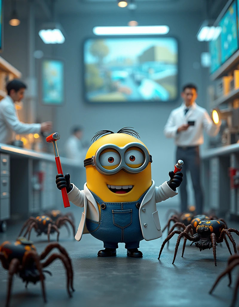Minion Kevin in scientist suit fighting spiders in the lab, use tools such as screwdrivers, hammer, and fire extinguishers to fight them. Spiders surround Kevin, while he attempts to protect important scientific equipment.A modern laboratory with bright lights, nhiều màn hình hiển thị hình ảnh trực tiếp từ một thành phố đang bị tấn công bởi nhện khổng lồ. There are scientists fighting