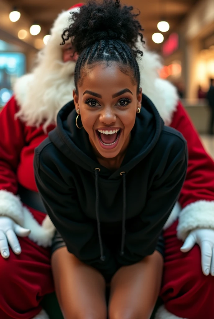black woman hair in a bun black hoodie black leather short shorts excited and eyes wide open on her face setting in santa claus lap at the mall 8k