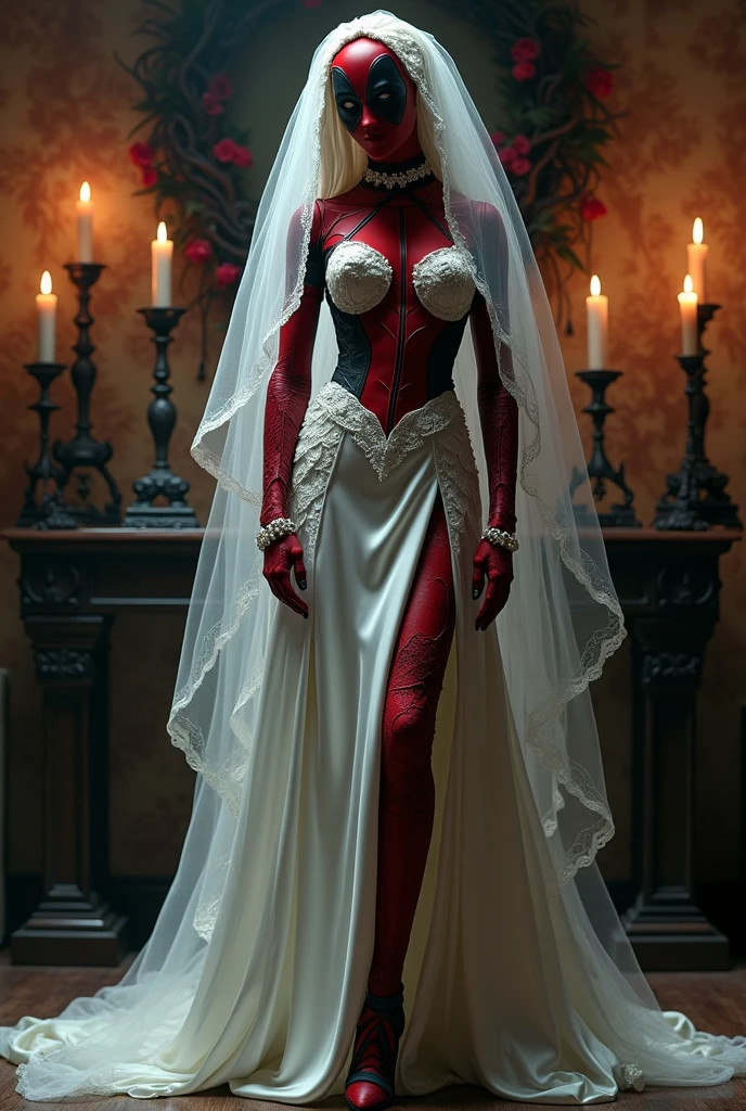 Lady deadpool dressed as a wedding dress, candle and wreath