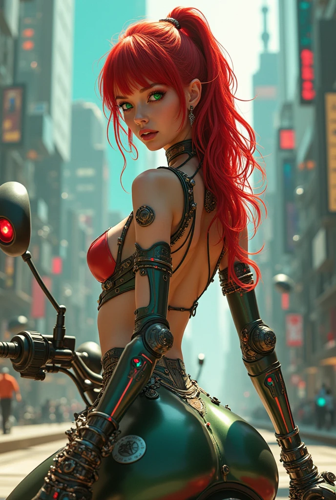 8K, top-quality, （pubic hair beauty）、hight resolution, lifelike, realperson、((​masterpiece)), ((top-quality)), (The ultra-detailed), ((highly contrast)), (a high chroma), (Beautiful emerald green eyes), ((extremely delicate and beautiful)), (nice hand), ((perfect hand)), (Mechanical cyber city in the background), futuristic cities, summer, plein air, Girl on a motorcycle, Medium hair, red hairs, asymmetrical bangs, beautiful detailed Glass hair, blue eyess, tiny chest, mechanical suit, ((shiny body)), (very shiny body), Clear, jewely、ornament detached、a gorgeous、opulent、magnificent、Illumination scattered throughout the body、Illumination brilliance、Roberto、cyborgs、android、body suit、((huge tit、Chest valley、beauty legs))